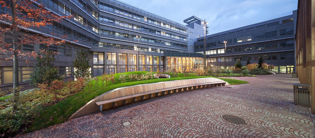 Landscaped court yard at the Glasgow Caledonian University campus designed by Churchman Landscape Architects.